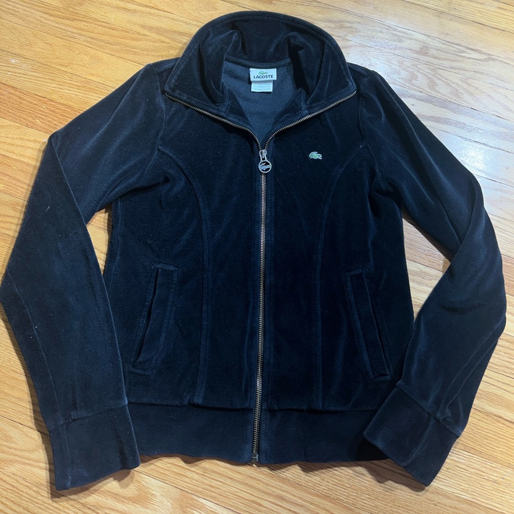 Lacoste. Black velour zip-up. Size 36.
